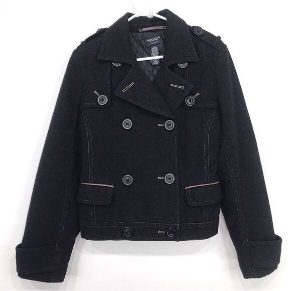 American Eagle Black Wool Blend Double Breasted Button Short Cut Pea Coat - Picture 1 of 16